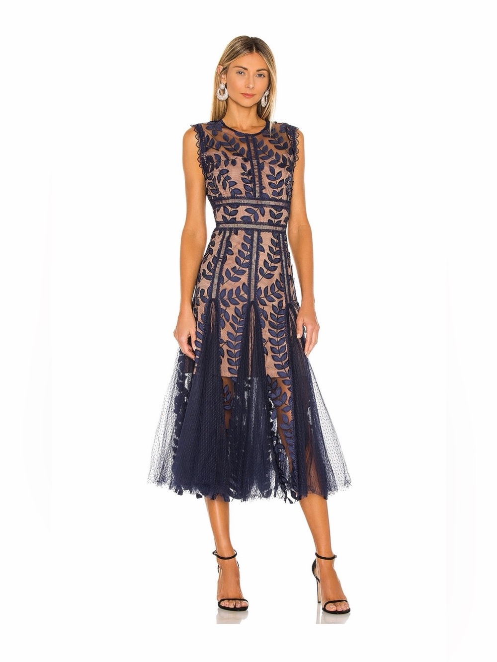 NWT Bronx and Banco Saba Navy Leaf Lace Midi Dress Size M